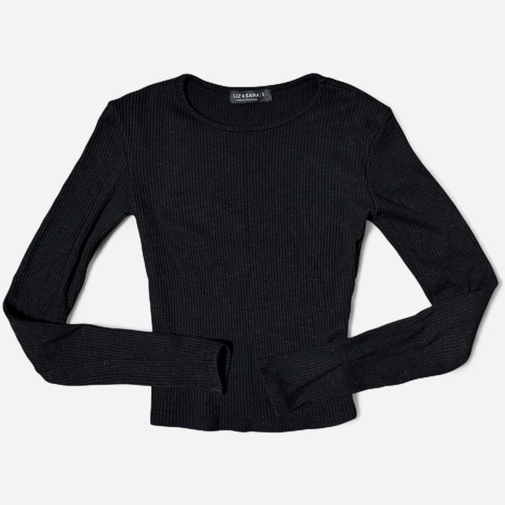 Liz & Sara Womens Black Ribbed Long Sleeve Top Minimalist Basic Small